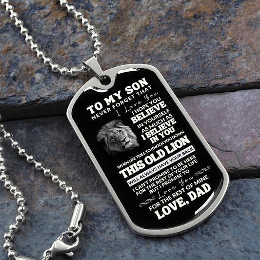 My Son Never Forget | Old Lion | Military Style Dog Tag Necklace, Gift for Son, From Dad, Father to Son