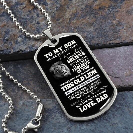 To My Son | Old Lion | Dog Tag Necklace, Gift for Son, From Dad, Father to Son