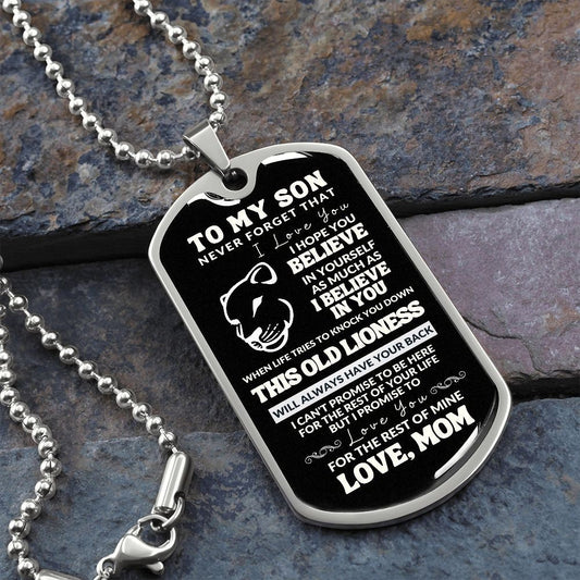 To My Son | Old Lioness | Dog Tag Necklace, Gift From Mom, Mother to Son