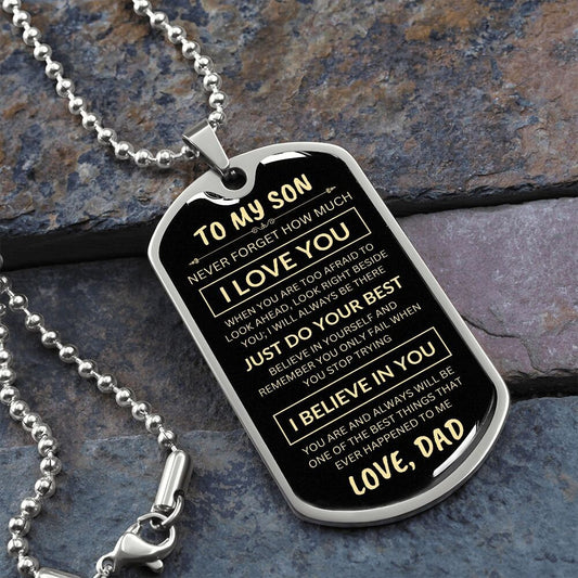 To My Son | Never Forget | Dog Tag Necklace, Son Gift From Dad, Father to Son