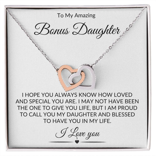Bonus Daughter | Interlocking Hearts, Gift From Mom or Dad, Gift Message, Christmas, Birthday, Valentines Gift